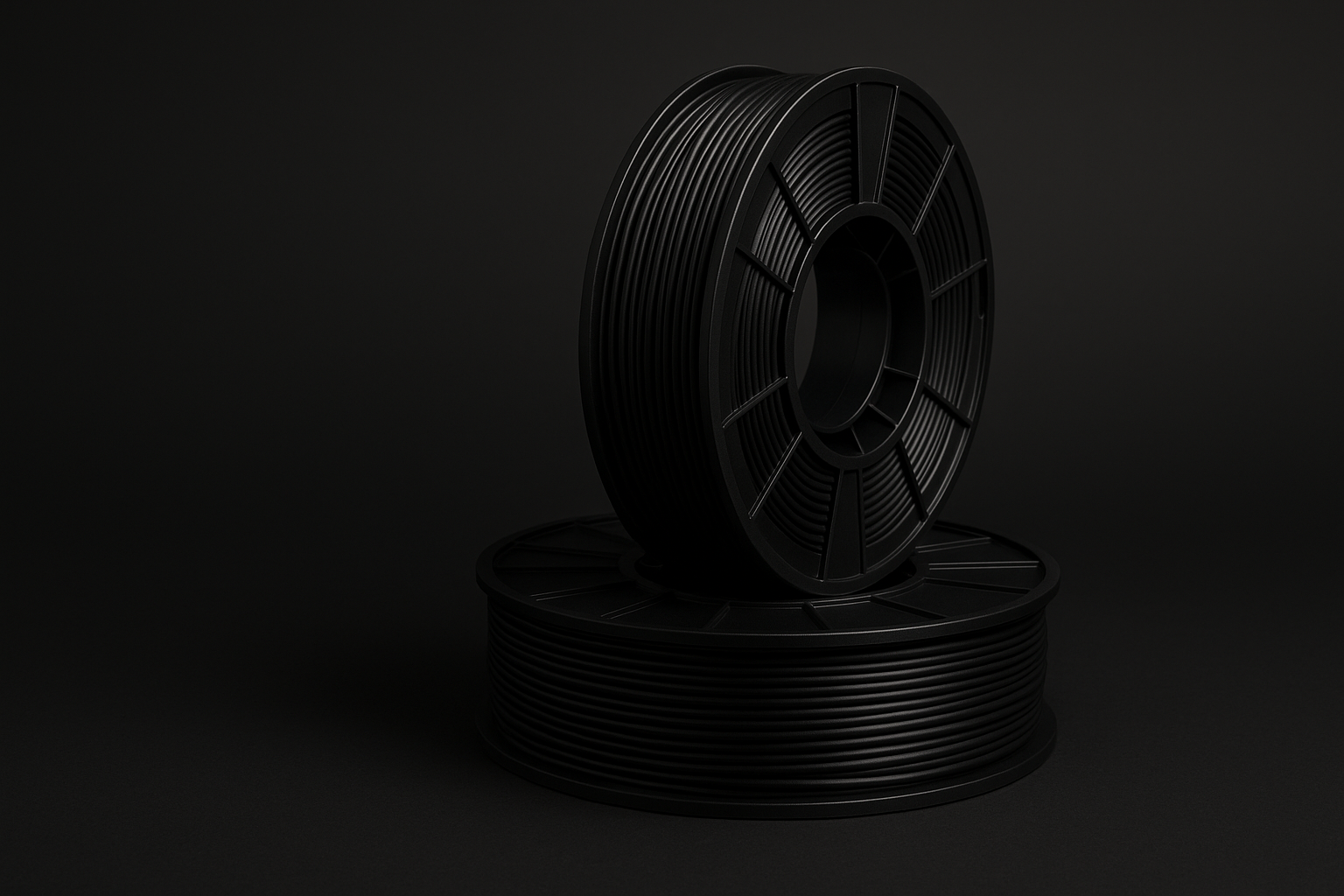 2 black filament rolls, one laying down and the other one stacked on top standing up, use a dark themed nackground but make sure the black filament rolls can be seen still